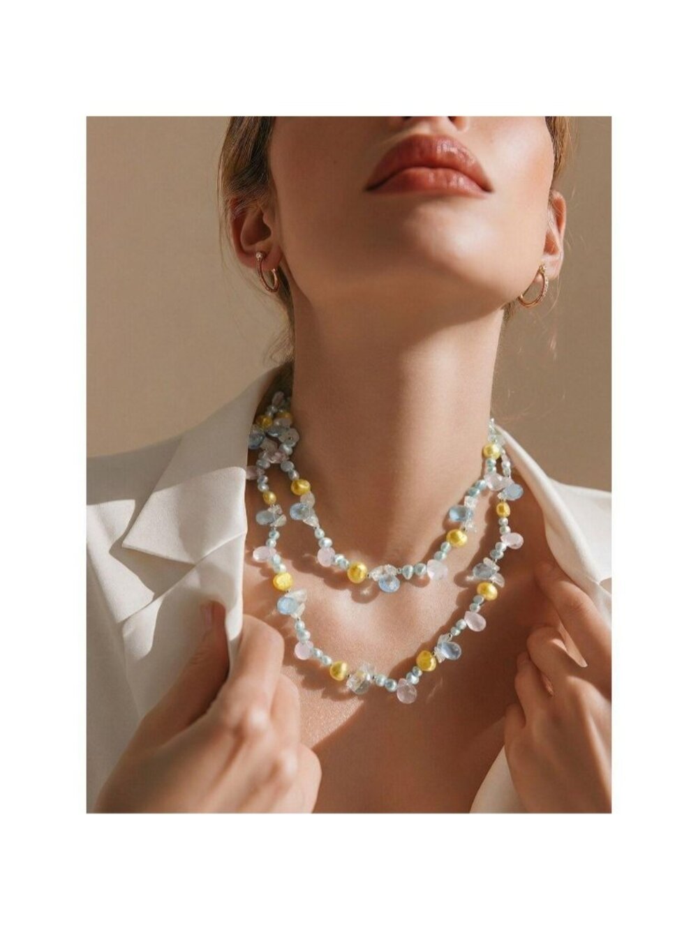 Freshwater Pearl and Crystal Rope Necklace Blue and Yellow 46" 🆕